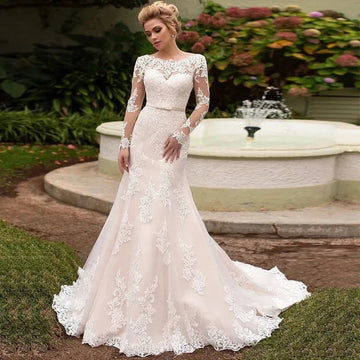 Long Sleeve Lace Mermaid Wedding Dress Summer Backless Lace Applique Bride Dress Vestido De Noiva Plus Size Made Custom
