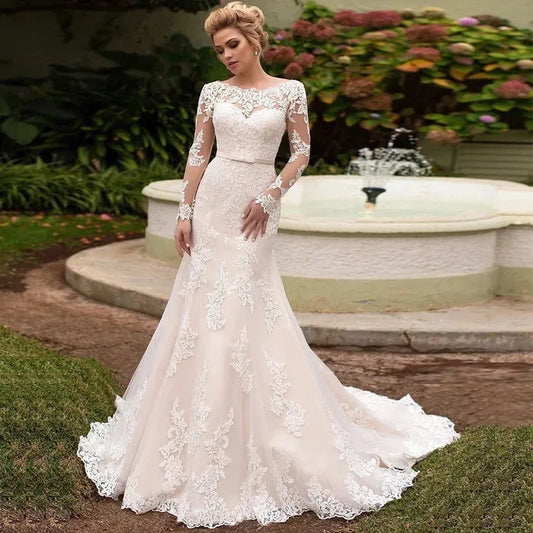 Long Sleeve Lace Mermaid Wedding Dress Summer Backless Lace Applique Bride Dress Vestido De Noiva Plus Size Made Custom