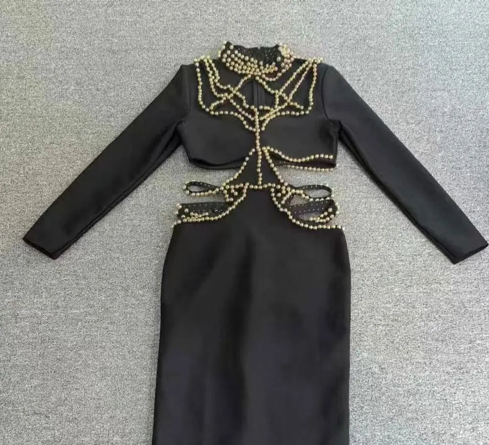 2025 Sexy Women's Light Luxury Pearl Bead Design Hollow Out Long Dress Stand Collar Long Sleeve Bodycon Dresses Party Vestidos