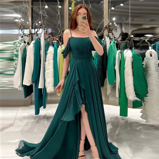 Elegant Chiffon Evening Dresses Spaghetti Strap Off The Shoulder Pleat Ruched Middle Slit Prom Dresses for women Green