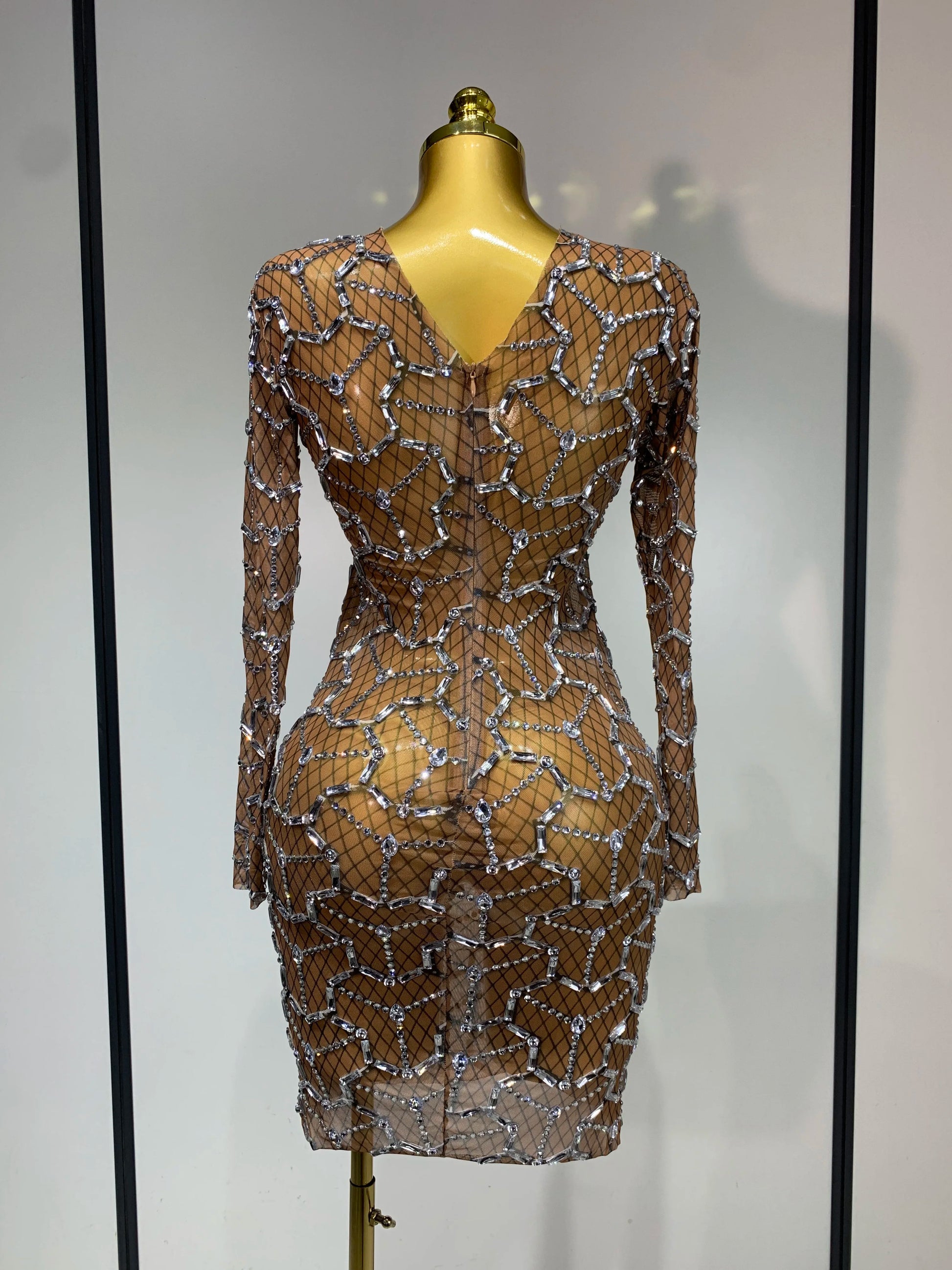 High Quality Women Elegant Long Sleeve Sparkly Rhinestones Mesh Bodycon Mini Dress See Through Evening Party Nightclub Outfit