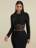 2025 Spring Women Bead Design Bandage Long Dress Stand Collar Long Sleeve Chiffon Patchwork Bodycon Dress Evening Party Vestidos