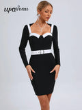 2024 Elegant Women'S Patchwork Bandage Dress Strapless Long Sleeved Bodycon Belt Design Mini Dress Cocktail Party Vestidos