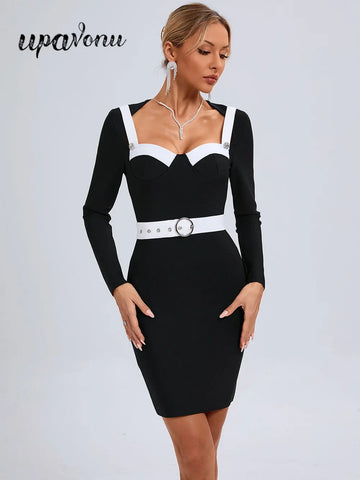 2024 Elegant Women'S Patchwork Bandage Dress Strapless Long Sleeved Bodycon Belt Design Mini Dress Cocktail Party Vestidos