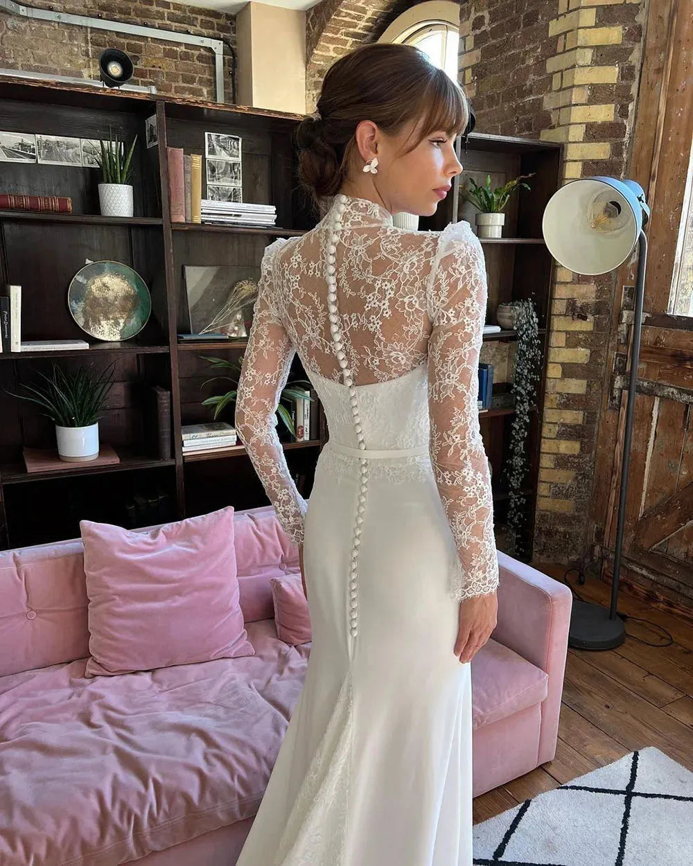 High Neck Modern Mermaid Wedding Dresses Lace Long Sleeves Satin Illusion Bridal Gown With Button Vestidos De Noiva