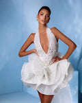 Chic Pleated Blossom White Prom Dresses with Tulle Train Halter Handmade Pearls Unique Short Bridal Gown Formal Party Dress