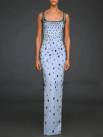 Arrival Women Sleeveless Sexy O-Neck Shinning Crystal Bodycon Long Dress Elegant Evening Party Graduation Season Outfit SKY BLUE