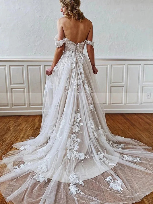 Off the Shoulder Sweetheart Lace Vestidos De Novia Gorgeous A-line Beach Wedding Dresses Appliques Vestido De Noiva