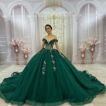 Luxury Green Quinceanera Dresses Glittering Vestidos De 15 Años Floral Beading Lace Formal Party Prom Ball Gown Green
