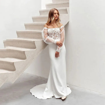 Boho Lace Mermaid Wedding Dresses Off Shoulder Tulle Puff Sleeves Bridal Gowns Elastic satin Bride Dress As Picture