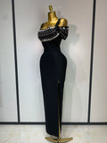 Women Luxury Designer Crystal Black Bandage Dress Elegant Off Shoulder Maxi Long Birhtday Celebrity Evening Party Club Gowns