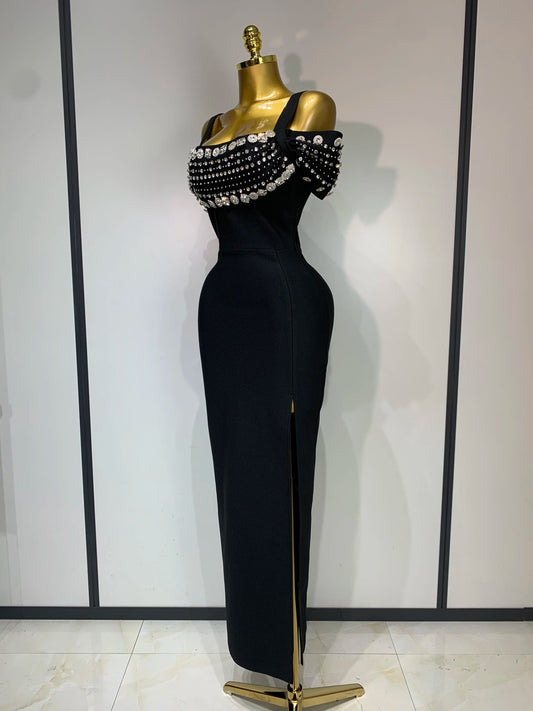 Women Luxury Designer Crystal Black Bandage Dress Elegant Off Shoulder Maxi Long Birhtday Celebrity Evening Party Club Gowns