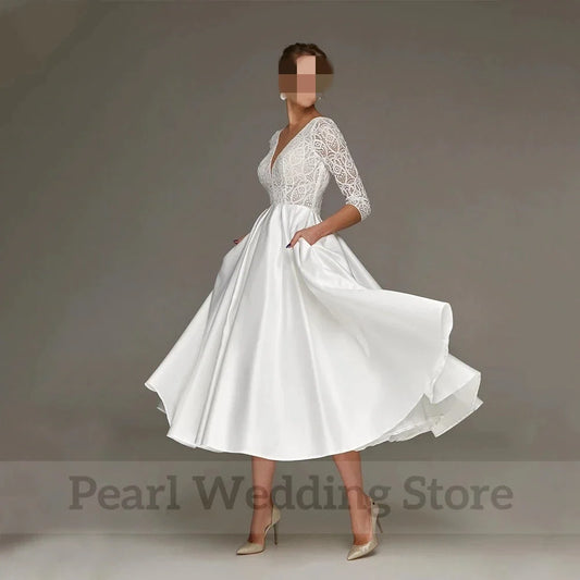 Modern Short Wedding Dress Lace and Satin V-Neck Three Quarter Tea-Length Bride Gowns with Pocket Civil Vestidos De Novia
