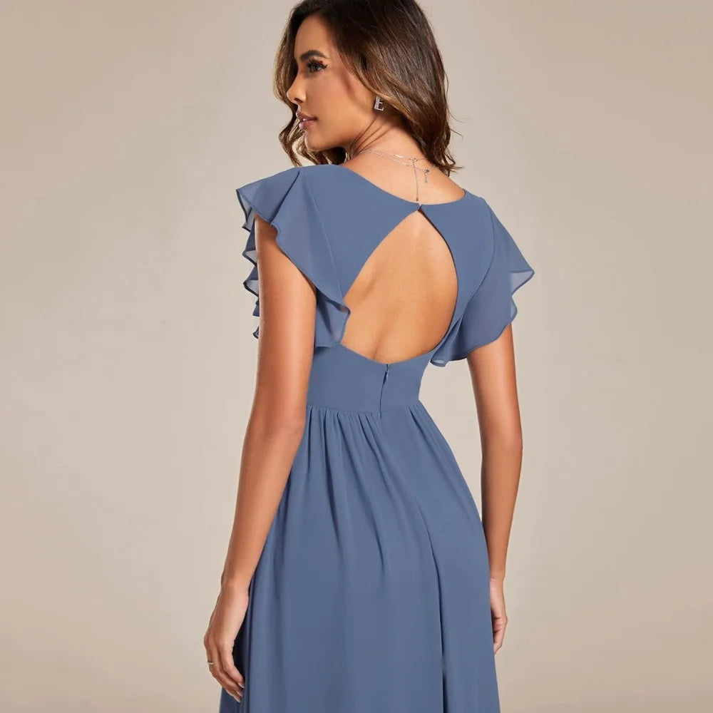 Customized Mother of Dresses A Line Elegant V Neck Bride Party Dress Short Sleeve Chiffon Evening Gowns robes invitée mariage