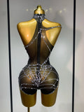 Sparkly Diamond Sexy Mesh See Through Stretch Bodysuits Women Evening Party Birthday Nightclub Bar Gogo Dancer Stage Costume