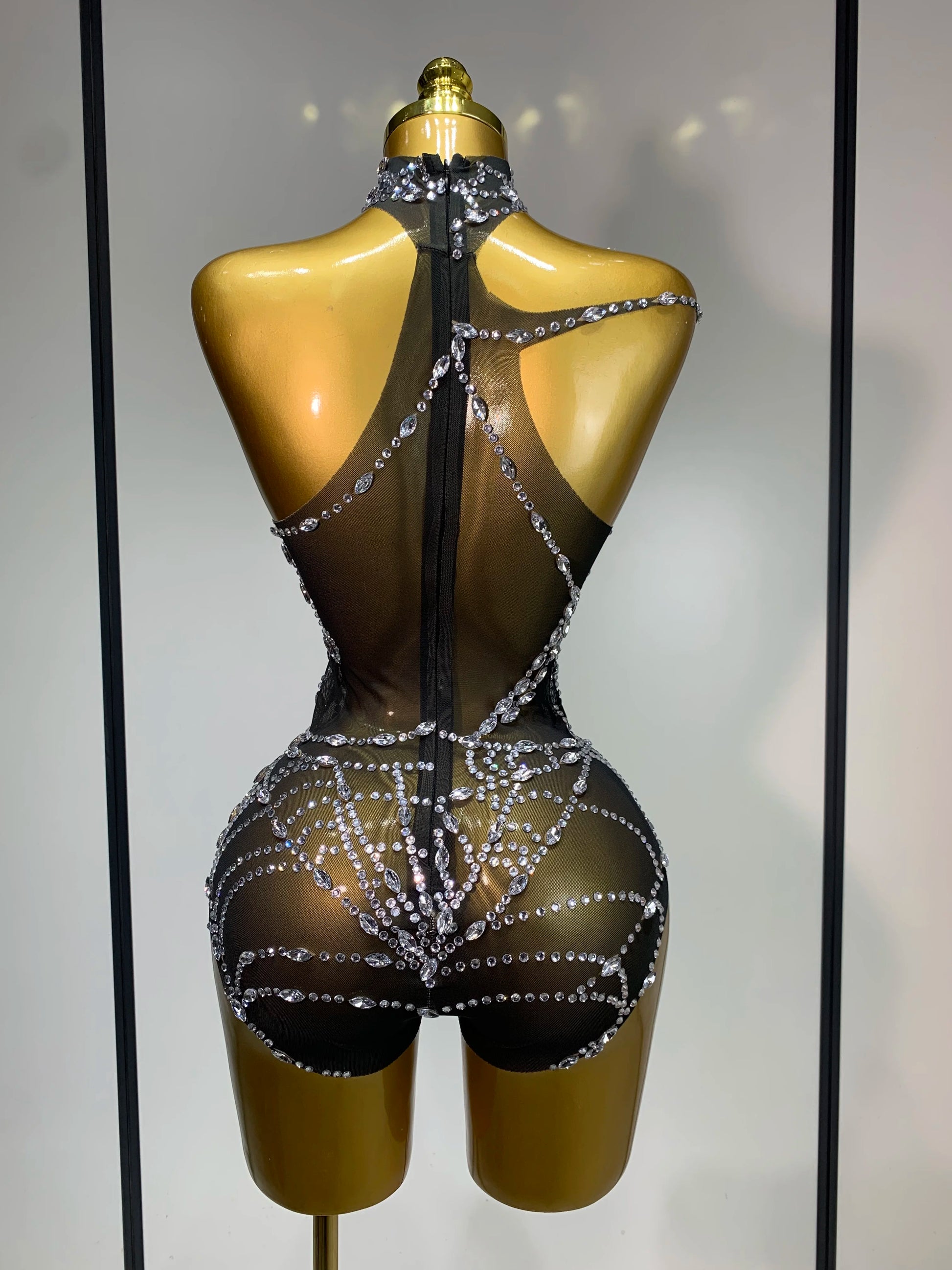 Sparkly Diamond Sexy Mesh See Through Stretch Bodysuits Women Evening Party Birthday Nightclub Bar Gogo Dancer Stage Costume