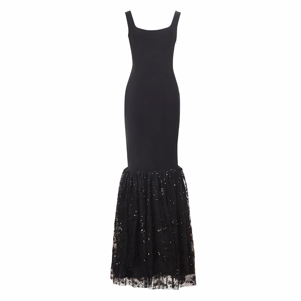 Black Lace Women Bandage Maxi Dresses Sleeveless Backless Square Neck Female Dress Sexy Hip Package Slim Patchwork Lady Vestidos black