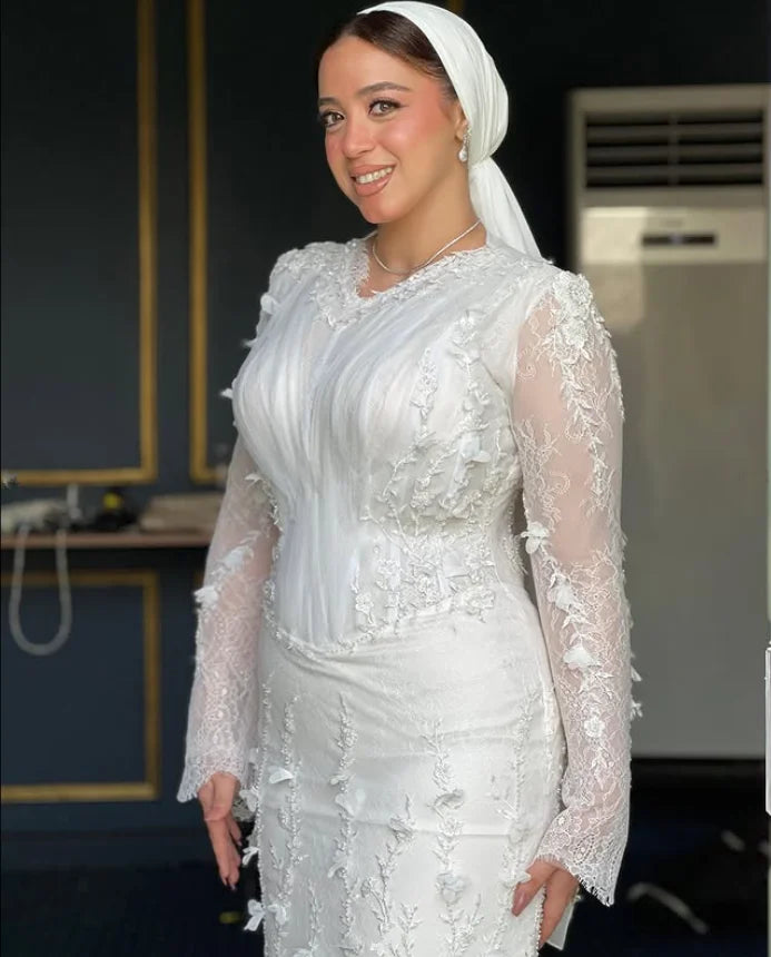 Lace Floral Mermaid Muslim Caftan Wedding Dresses Ruched Long Sleeve Middle East Hijab Trumpet Bridal Gown Outfit Customsized