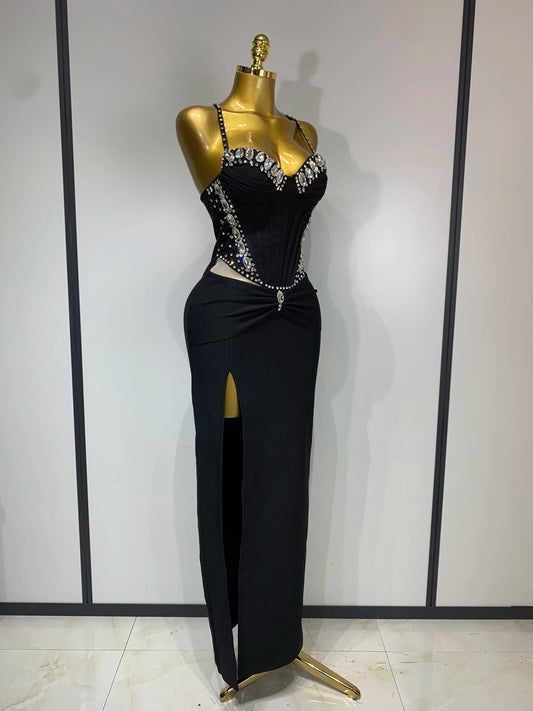 Women New Black Pink Bandage Dress Spaghetti Strap Rhinestones Luxury Birthday Evening Party Dress One Piece Elegant Gala Gowns