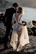 White Glitter Prom Dresses V-neck A-line Wedding Dress Elegant Long Sleeves Floor-Length Backless Vestidos De Fiesta
