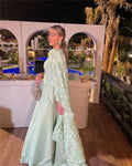 Green Satin Prom Dresses Detachable Shawl 3D Flowers Wedding Dress Elegant Sleeveless Floor-Length Vestidos De Fiesta