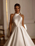 Sexy Halter Backless Wedding Dress Classic Bow Bride Robe Graceful Modest Satin A-line Long Bridal Gown Robe De Mariée