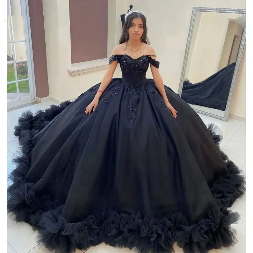 Black Quinceanera Dresses 3D Flower Beading Lace Ruffles Pleat Tulle Vestidos De 15 Anos Birthday Party Prom Corset Black