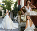 Graceful Soft Satin Wedding Dresses V Neck Backless Sleeveless Sweep Train Bridal Dress Bow Simple Plus Size Robe De Mariée Beige