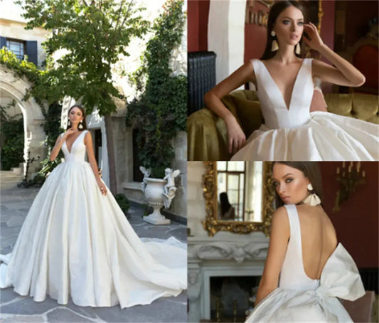 Graceful Soft Satin Wedding Dresses V Neck Backless Sleeveless Sweep Train Bridal Dress Bow Simple Plus Size Robe De Mariée Beige