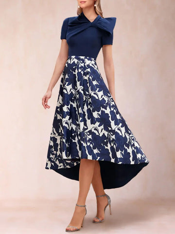 Mother Of The Bride Dress - Elegant A-Line Wedding Guest Dress Bow Knot V-Neck Printed Floor-Length Mother of the Bride Evening Dress 2025 Free Customized Dark Navy