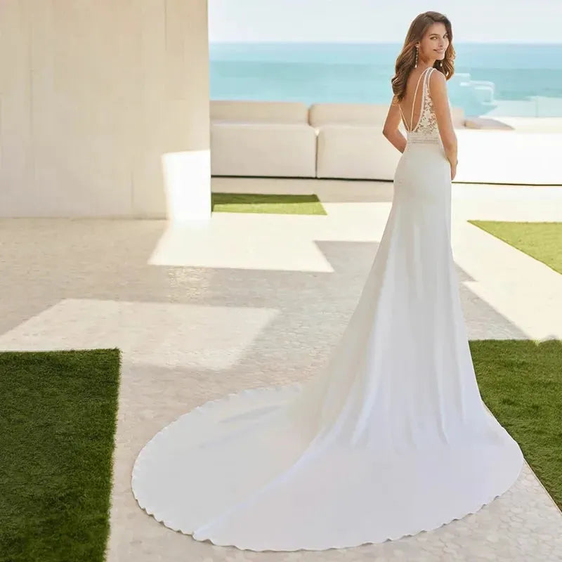 Boho V-Neck Lace Wedding Dress Mermaid Fashion Backless Sleeveless Bride Gown For Bride With Train Pleats Vestido De Novia