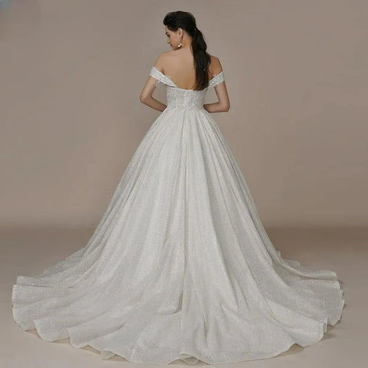 Luxury Strapless A Line Glitter Wedding Dresses Off The Shoulder Women Ivory Bling-Bling Sleeveless Bride Bridal Gown