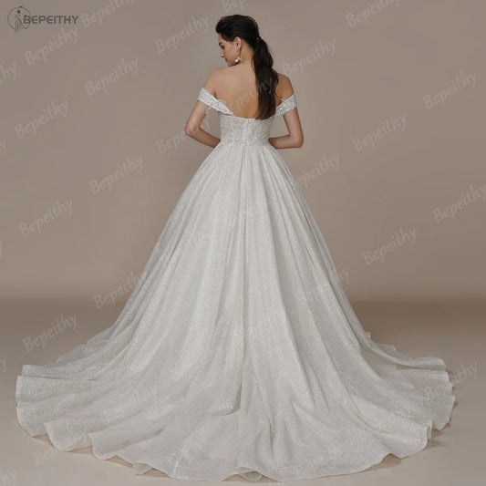 BEPEITHY Luxury Strapless A Line Glitter Wedding Dresses Off The Shoulder Women Ivory Bling-Bling Sleeveless Bride Bridal Gown