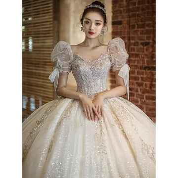 Luxury Wedding Dress Short Sleeve Embroidered Tulle Ball Gown Wedding Gowns Shinny Princess