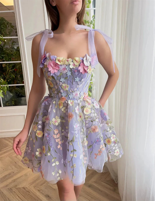 Amanda Sweet Mini Flower Vestido De Novia Cute Spaghetti Strap Evening Dress Lavender 3D Flower Short Prom Dress