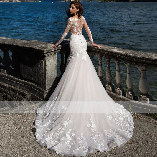 Charming Lace Wedding Dresses Appliques Full Sleeves Floor-Length Robe Mermaid Bridal Dress Sexy Tulle Vestidos De Novia