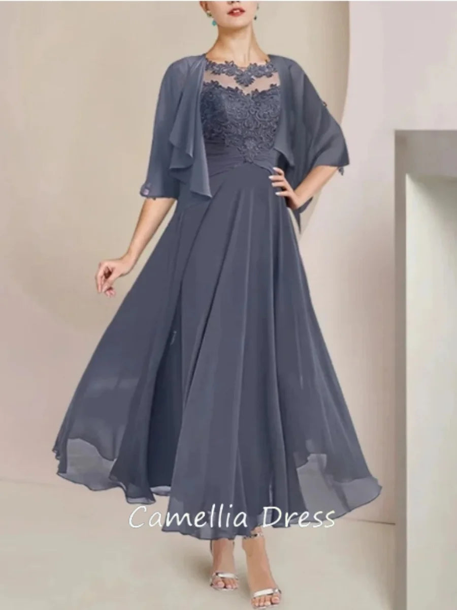 Mother Of The Bride Dress - Lace Applique A-line Dress Two Piece Mother of the Bride Gown with Jacket Chiffon Elegant Formal Occasion Wedding Guest 2024 New Same as picture