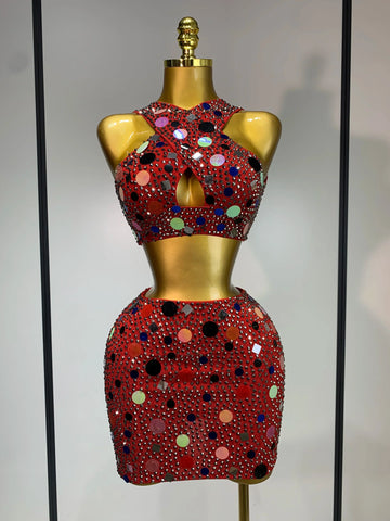 Luxury Rhinestone Sequin Sexy Two Piece Set Fashion Nightclub Sparkly Perform Stage Costume Birthday Dress Red