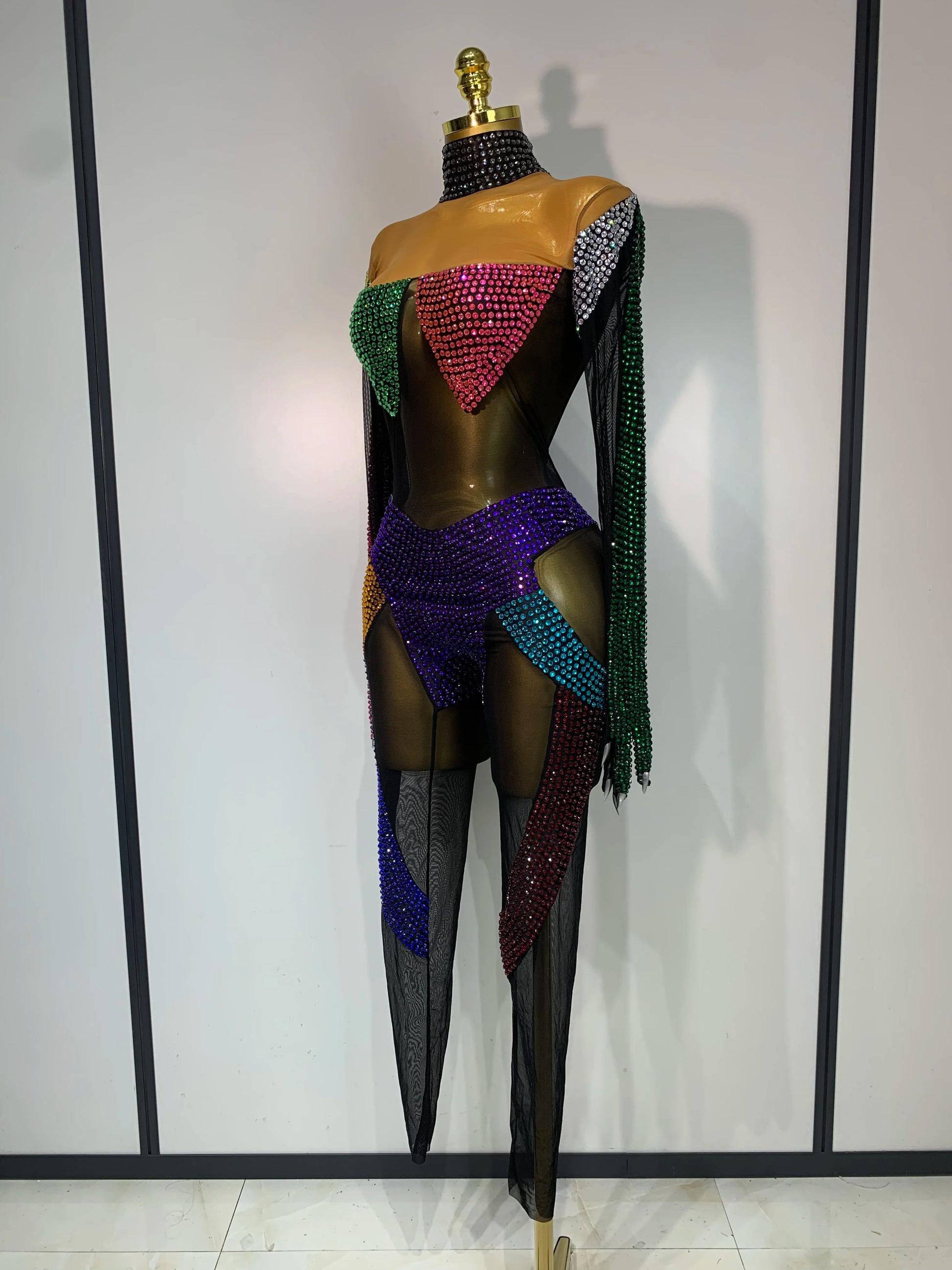 Sparkly Rhinestones Jumpsuit for Women Sexy Mesh Transparent Nightclub Outfit Luxury Birthday Party Stage Performance Costume