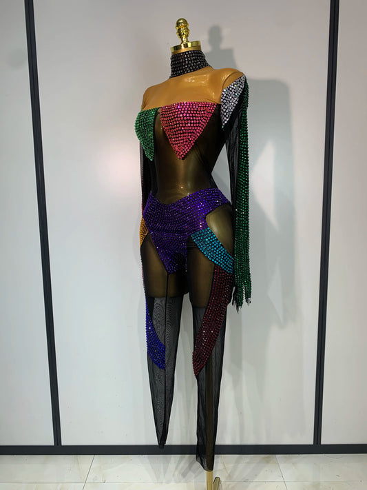 Sparkly Rhinestones Jumpsuit for Women Sexy Mesh Transparent Nightclub Outfit Luxury Birthday Party Stage Performance Costume
