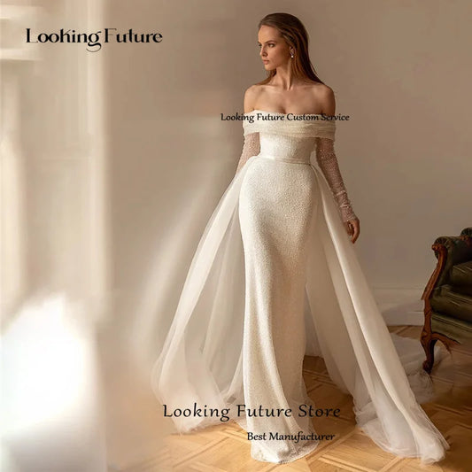 Luxury Mermaid White Wedding Dress Beaded Off The Shoulder Sexy Backless Wedding Gown Long Sleeve Strapless Detachable Train