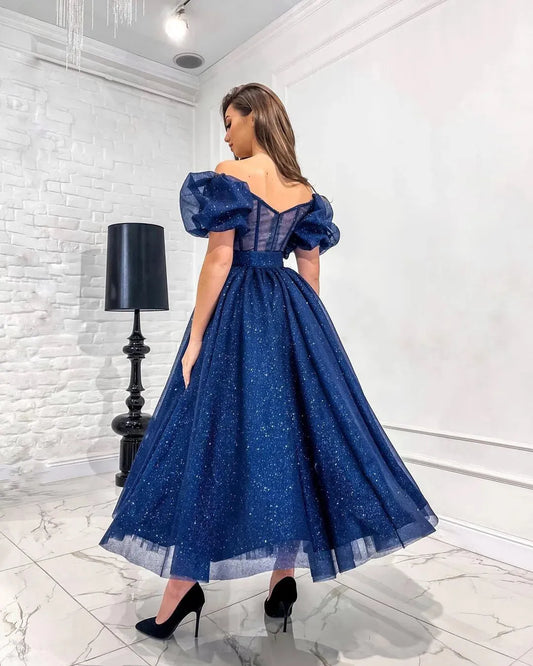 Sparkle Tulle Short Prom Dresses A Line Short Sleeves Women Evening Party Gowns Tea-Length Formal Wedding Gown