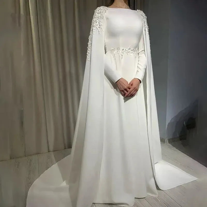 Elegant Muslim Wedding Dress Cape Long Sleeves A Line O Neck Bride Dress Lace Appliques Sweep Train robe de mariee Ivory