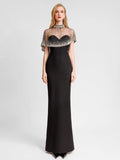 Elegant Celebrity Evening Red Carpet Party Dress With Diamond Cape Shawl, Black Women'S Strapless Tight Bandage Maxi Long Dress