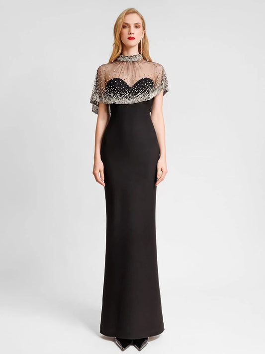 Elegant Celebrity Evening Red Carpet Party Dress With Diamond Cape Shawl, Black Women'S Strapless Tight Bandage Maxi Long Dress