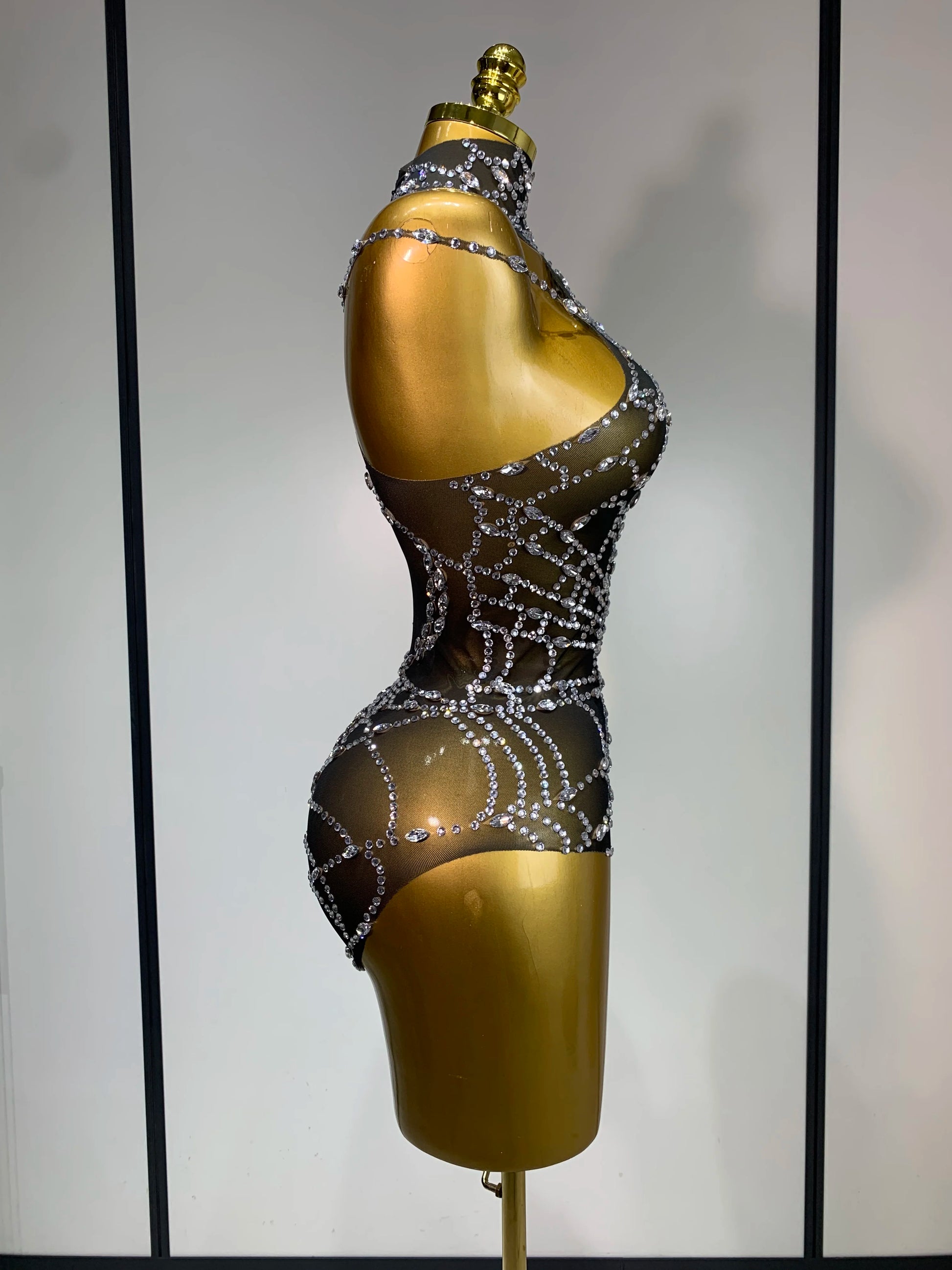 Sparkly Diamond Sexy Mesh See Through Stretch Bodysuits Women Evening Party Birthday Nightclub Bar Gogo Dancer Stage Costume