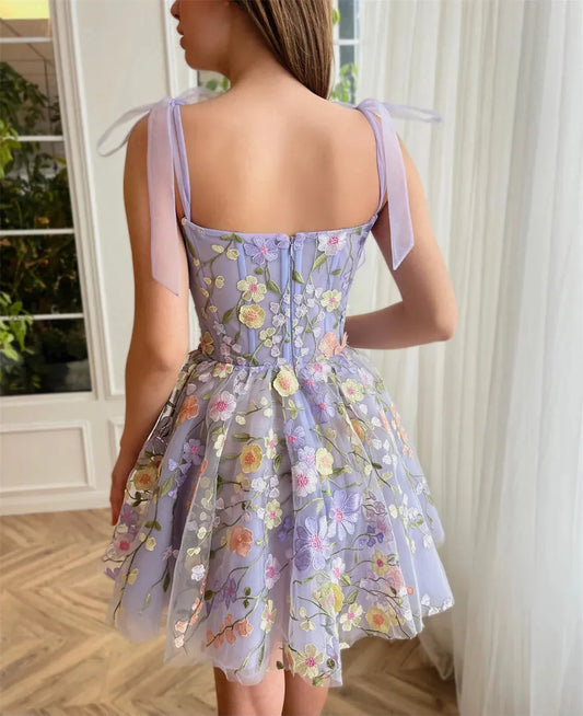 Sansa Lavender Sweetheart Sleeveless Tulle Prom Dress 3D Flower Lace Embroidery Vestidos De Noche Mini Tulle Wedding Dress