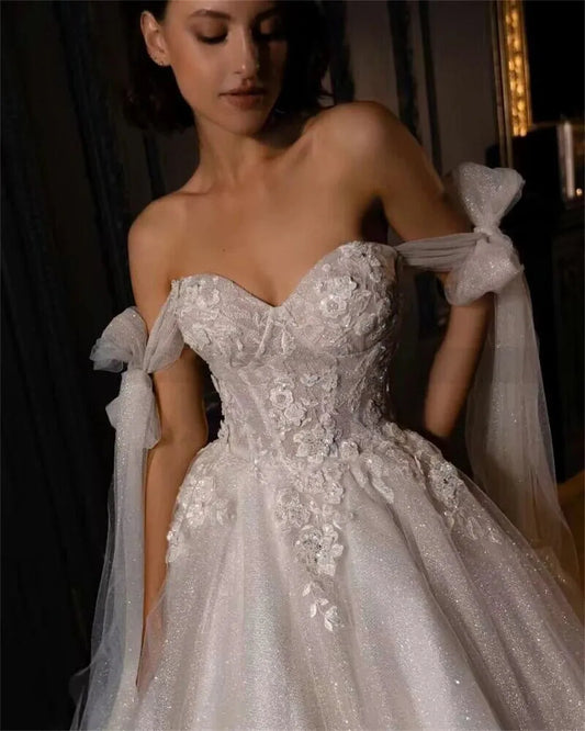 Shiny Glitter Tulle Wedding Dresses Vintage Boho Bride Gowns Lace Beads Off Shoulder Princess Wedding Gowns Vestidos Novia