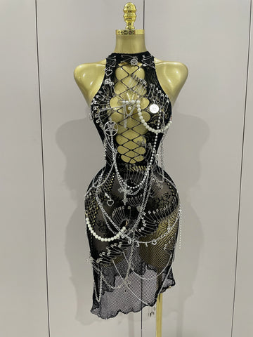 Sexy Black See-Through Pin Decoration Chain Beading Short Dress Women Birthday Evening Party Nightclub Performance Costume black