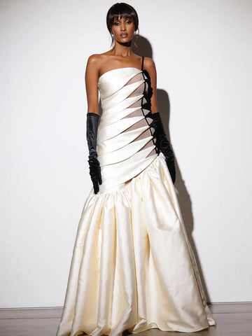 Elegant Strapless Slim Long Dress Sexy One Shoulder Black And White Contrasting Evening Gowns Banquet Wedding Dress For Women
